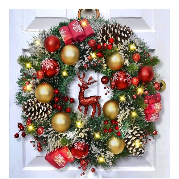 Festive Holiday Wreath with Red and Gold Accents With Lights - Picture 2 of 6